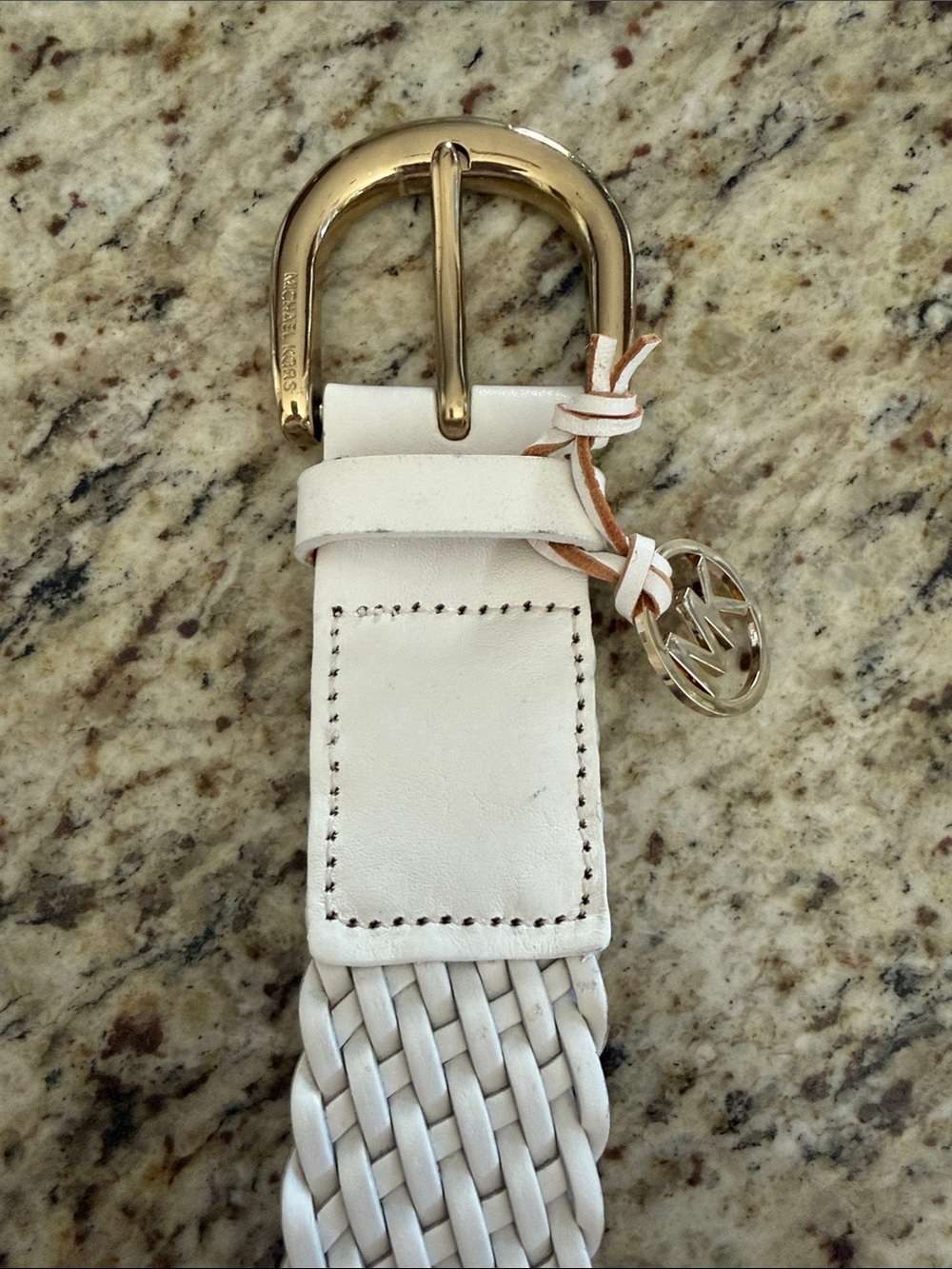 Michael Kors Belt White Braided Leather with Gold-tone buckle & MK Charm Sz Sm - Picture 2 of 11